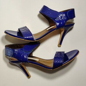 Cynthia Vincent Faux Reptile Skin Patent Leather Strappy Open Toe Heel Pumps